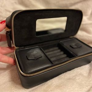 Travel Jewelry box/case - black leather, gold hardware